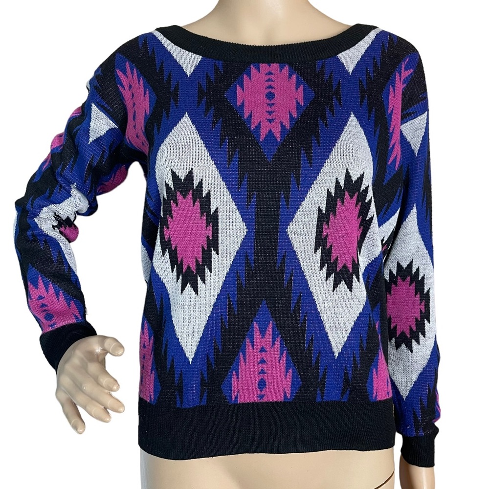 FLYING TOMATO XS Aztec southwestern pullover sweater black pink retro